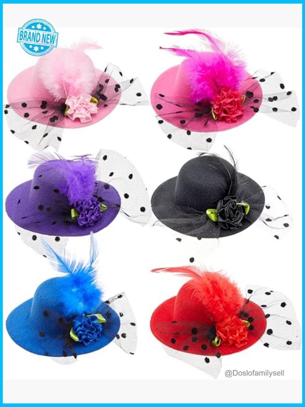Set of 6 Mini Fascinator Hats Clip-On Feather Floral Vintage Tea Party